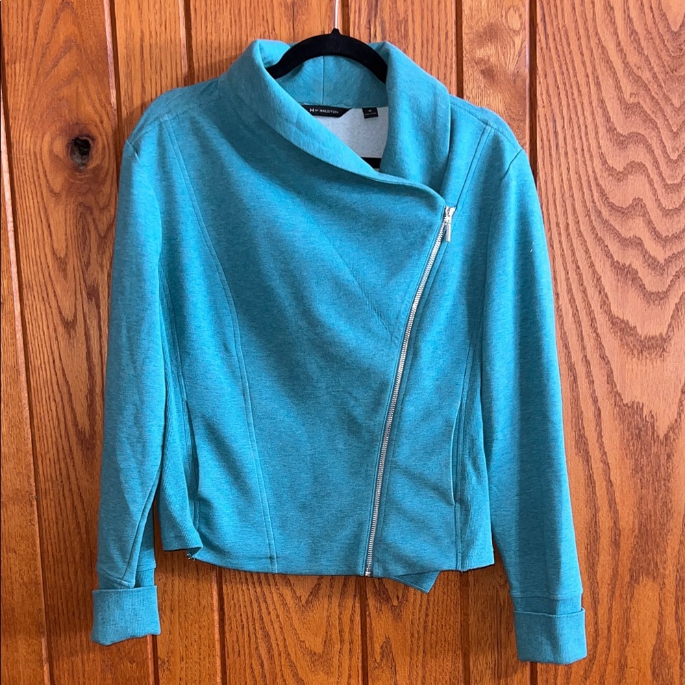 H by Halston Teal Asymmetrical Zip Bomber Jacket